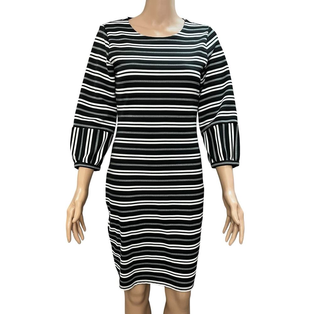 Calvin Klein Striped Balloon Sleeve Dress 2 Sheath Career Stretchy Jersey Knit